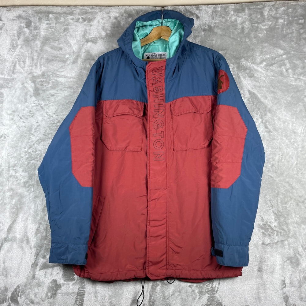 Dutch Bros Puffer Jacket Men Large Red Blue Washington Hooded Full Zip